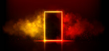 Neon Light Door On Black Background. Vector Realistic Illustration Of Rectangle Frame Portal On Night Club Stage With Red, Orange, Yellow Smoke, Reflection On Floor, Sparkling Particles Glowing In Air