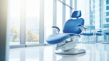 Modern Blue Dentist Chair In Office Room With Panoramic Windows. Concept Of Healthcare. Ai Generative.