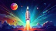 Rendering cartoon rocket launch to Space with colorful planet background. AI generated
