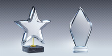 Glass Trophy Star And Rhombus Mockup With Empty Transparent Acrylic Shape On Base. Realistic Vector Set Of Plexiglass Award For Sport Competition Winner Or Business Achievement And Recognition Prize.