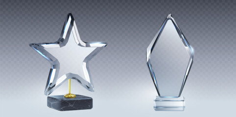 Wall Mural - glass trophy star and rhombus mockup with empty transparent acrylic shape on base. realistic vector 