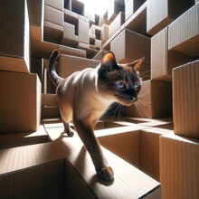 The Adventurous Spirit Of A Tonkinese Cat As It Navigates Through A Maze Created From Cardboard Boxes