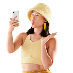 Sticker - Gen z, woman and selfie with funny face and fashion, yellow aesthetic and social media on transparent png background. Fish lips, influencer and trendy clothes, live stream and model smile in picture