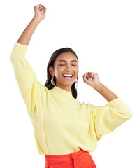 Wall Mural - Happiness, excited and woman dance, celebration and cheerful girl isolated on a transparent background. Female person, dancer or model with energy, moving or groove with png, routine or stress relief