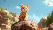 orange cat sit on a rock with curious eyes to explore under the blue sky , Generative AI