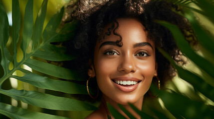 Happy woman with radiant health skin. Portrait of young female surrounded by plants