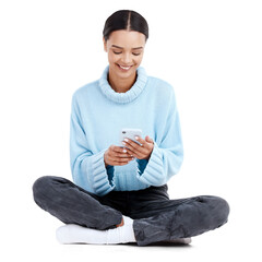 Happy, typing and woman relax with phone with smile on isolated, png and transparent background. Connection, online chat and female person on floor with smartphone for social media, internet and meme