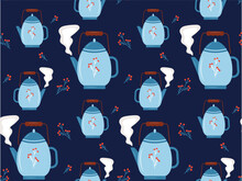 Seamless Pattern With A Vintage Teapot With Steam Coming Out Of It. Blue Teapot With A Branch Of Berries And Steam On A Dark Blue Background.