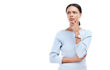 Wall Mural - Thinking, confused and face of woman in decision isolated on a transparent PNG background. Female person brainstorming in problem solving, doubt or choice for ideas, question or remember and memory