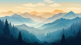 Fototapeta Góry - Beautiful mountain landscape at sunrise. Stunning foggy landscape of mountains and forest silhouettes. Great view for the background. Vector illustration