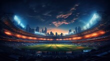 Stadium Of Cricket Night, Bright Color.