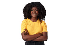 Fashion, Portrait And Black Woman With Arms Crossed, Smile And Isolated On A Transparent Png Background. Face, Natural Confidence And Happy African Model From Nigeria With Tshirt Or Casual Clothes