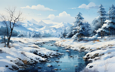 Wall Mural - Winter landscape with snow covered trees and river