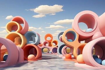 Colorful obstacle course, encouraging agility and teamwork in calming pastels, on isolated on pastel background, Generative AI