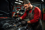 Fototapeta  - Auto mechanic working on car broken engine in mechanics service or garage. Transport maintenance wrench detial