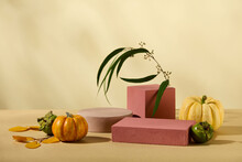 A Set Of Podiums In Different Shapes Displayed With Green Persimmons And Pumpkins. Stage Showcase On Pedestal Display