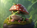 Fototapeta Natura - A frog with a mushroom on his head is under a mountain