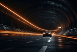 Fototapeta Przestrzenne - Car on the road in tunnel. 3d rendering toned image, Underground tunnel with moving cars at night. View from below, AI Generated