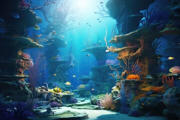 Wall Mural - Underwater world with corals and fish. 3d render illustration, Underwater world. Fantasy illustration of a fantasy world. 3d rendering, AI Generated