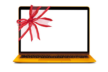 Wall Mural - modern laptop computer with red ribbon for Christmas on a transparent background in PNG format