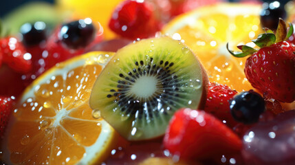 close up of various healthy fresh salad fruit flesh with beautiful sparkling bokeh light