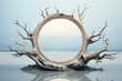 Dry tree circle frame on ocean sand beach landscape. Product display on pastel surreal background with dry driftwood snag, branch. Empty space