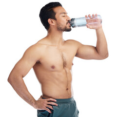 Sticker - Man, fitness and drinking water for health after training, workout or exercise isolated on a transparent PNG background. Fit male person with drink bottle in motivation, weight loss or tired on break