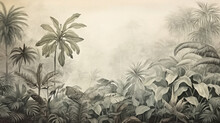 Retro Mural Photo Wallpaper Jungle And Graceful Leaves Tropical Forest Vintage Background Graphics Painting Art Card Poster Print Interior - Generative AI