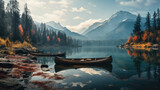 Fototapeta Fototapety z naturą - The wooden canoe boat is parked next to a lake with calm water and the reflection of the boat with beautiful landscape views such as mountains and pine forests created with Generative AI Technology