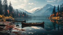 The Wooden Canoe Boat Is Parked Next To A Lake With Calm Water And The Reflection Of The Boat With Beautiful Landscape Views Such As Mountains And Pine Forests Created With Generative AI Technology