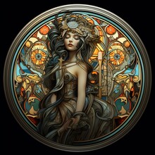 A Stylized Portrait Of A Woman Against A Multicolored Stained Glass Window, A Round Frame On A Black Background. Goddess.