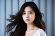 © ribalka yuli - Beautiful young Asian woman with clean fresh skin on blue background, Face care, Facial treatment, Cosmetology, beauty and spa, Asian women portrait.