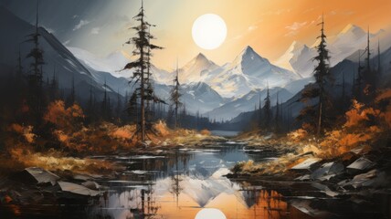 Wall Mural - Oil Painting a stunning autumn landscape with a peaceful lake and majestic mountains.