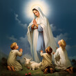 Virgin Mary, children prayers and goat. Our lady of fatima