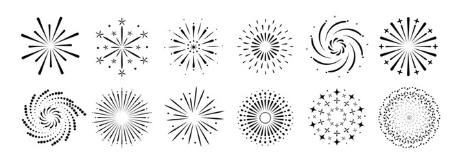 Wall Mural - set of new year firework vector illustration. collection of black starburst, sunlight on white backg