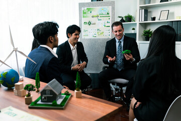 Wall Mural - Group of business people discussing strategic marketing in electric car company meeting for eco-friendly EV car using sustainable and alternative power contribute to greener future. Quaint