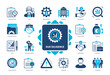 © Genestro - Due Diligence icon set. Investment, Evaluation, Risks, Decision Making, Cost, Management, Contract, Analysis. Duotone color solid icons