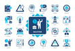© Genestro - Solution icon set. Planning, Analysis, Problem Solving, Strategy, Thinking, Idea, Execution, Success. Duotone color solid icons