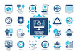 Software Testing icon set. Code, Integration, Bugs Prevention, Quality, Security, Requirements, Development, Usability. Duotone color solid icons