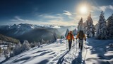 two mountaineer backcountry ski walking ski alpinist in the mountains, ski touring in alpine landscape with snowy trees, adventure winter sport