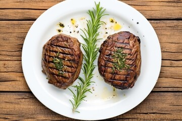 Sticker - two grilled filets on white plate, overhead view