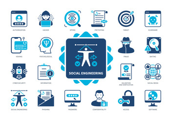 Social Engineering icon set. Phishing, Password, Baiting, Spying, Scareware, Access, Pretexting, Cyber Security. Duotone color solid icons