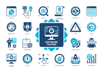 Wall Mural - software testing icon set. code, integration, bugs prevention, quality, security, requirements, deve