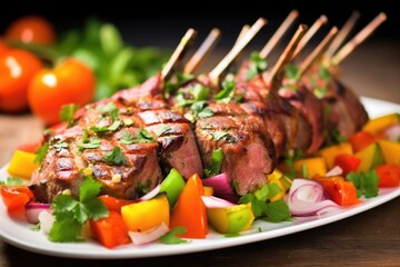 Canvas Print - slanted shot of skewered lamb chops with bell peppers