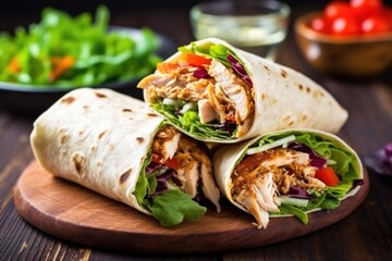 Wall Mural - tasty bbq chicken wraps with salad