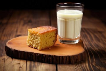 Poster - bbq cornbread with a glass of milk on a wooden coaster