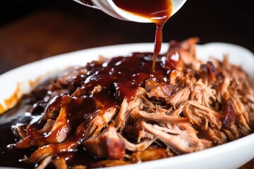 Poster - close up of roasted carolina pulled pork drenched in vinegar sauce