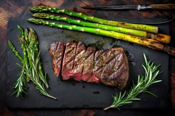 Sticker - top view of a grilled porterhouse steak with asparagus