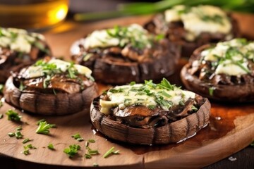 Wall Mural - close shot of stuffed grilled portobello mushrooms with cheese