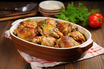 Wall Mural - chicken thighs marinated with spices on a ceramic dish